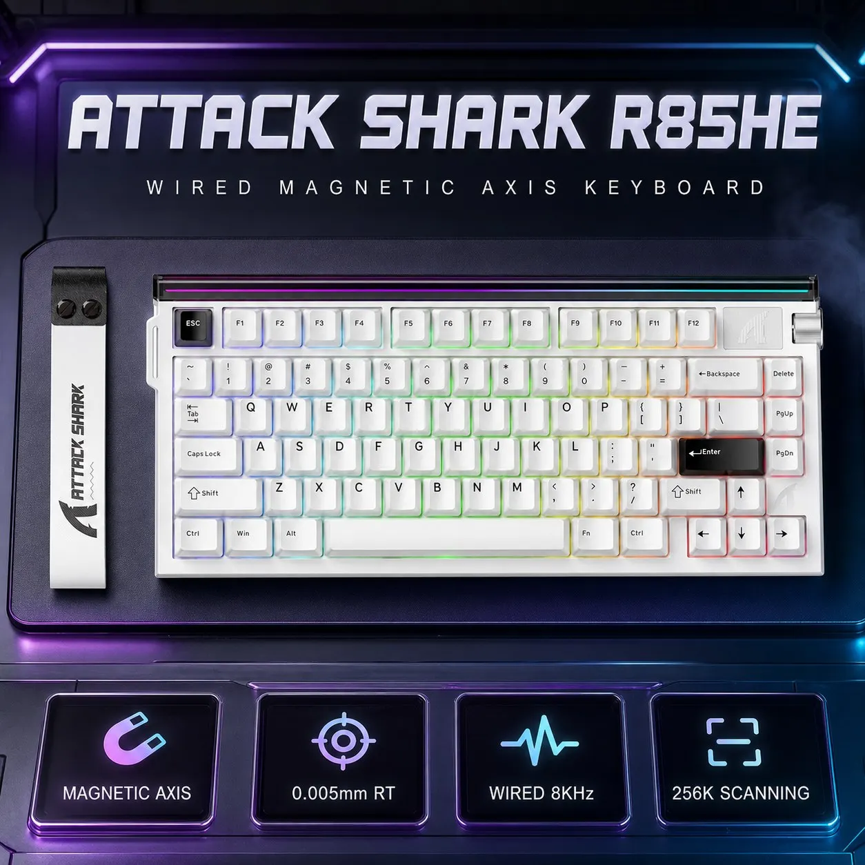ATTACK SHARK R85HE Keyboard, Wired Connection, 8000Hz Polling rate, 0.005mm Rapid Trigger adjustment, PBT Keycaps, RGB Lighting