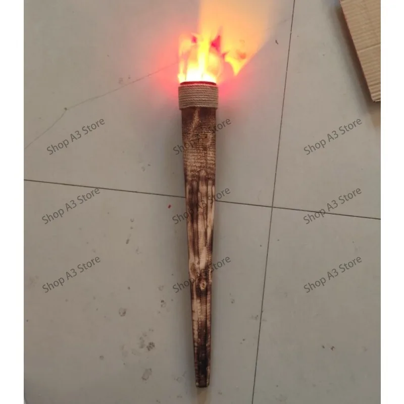 Rechargeable Reusable Electronic Fake Torch Vintage Wooden Torch Prop For Stage Performance Cosplay Party Decorative Lighting