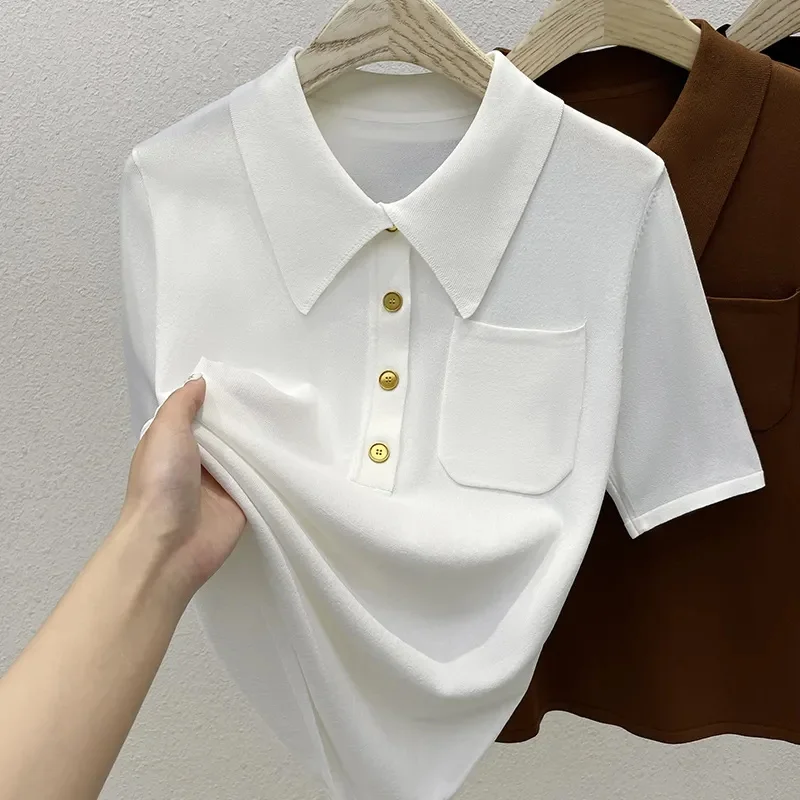 2024 New Korean Temperament  Ice Silk Short sleeved T-shirt Women's Summer Thin Loose Casual All-match lapel Blouse Female Tops