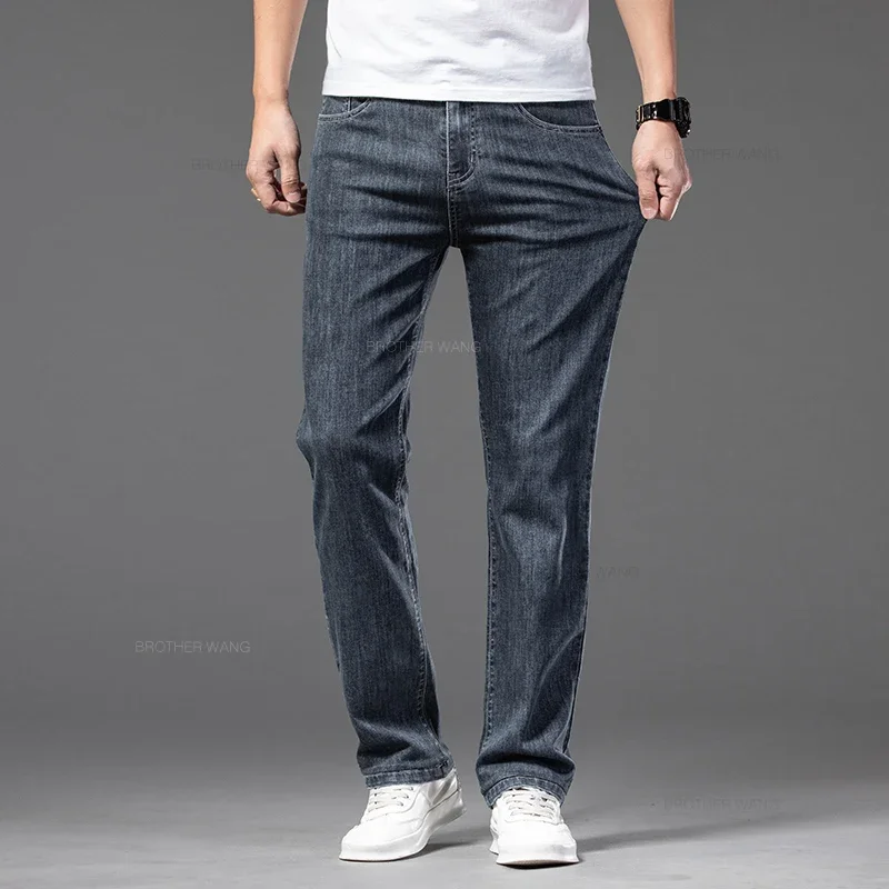 Spring Summer Thin Men\'s Classic Jeans Elastic Loose Straight Cotton Casual Denim Trousers Brand Clothing Business Male Pants