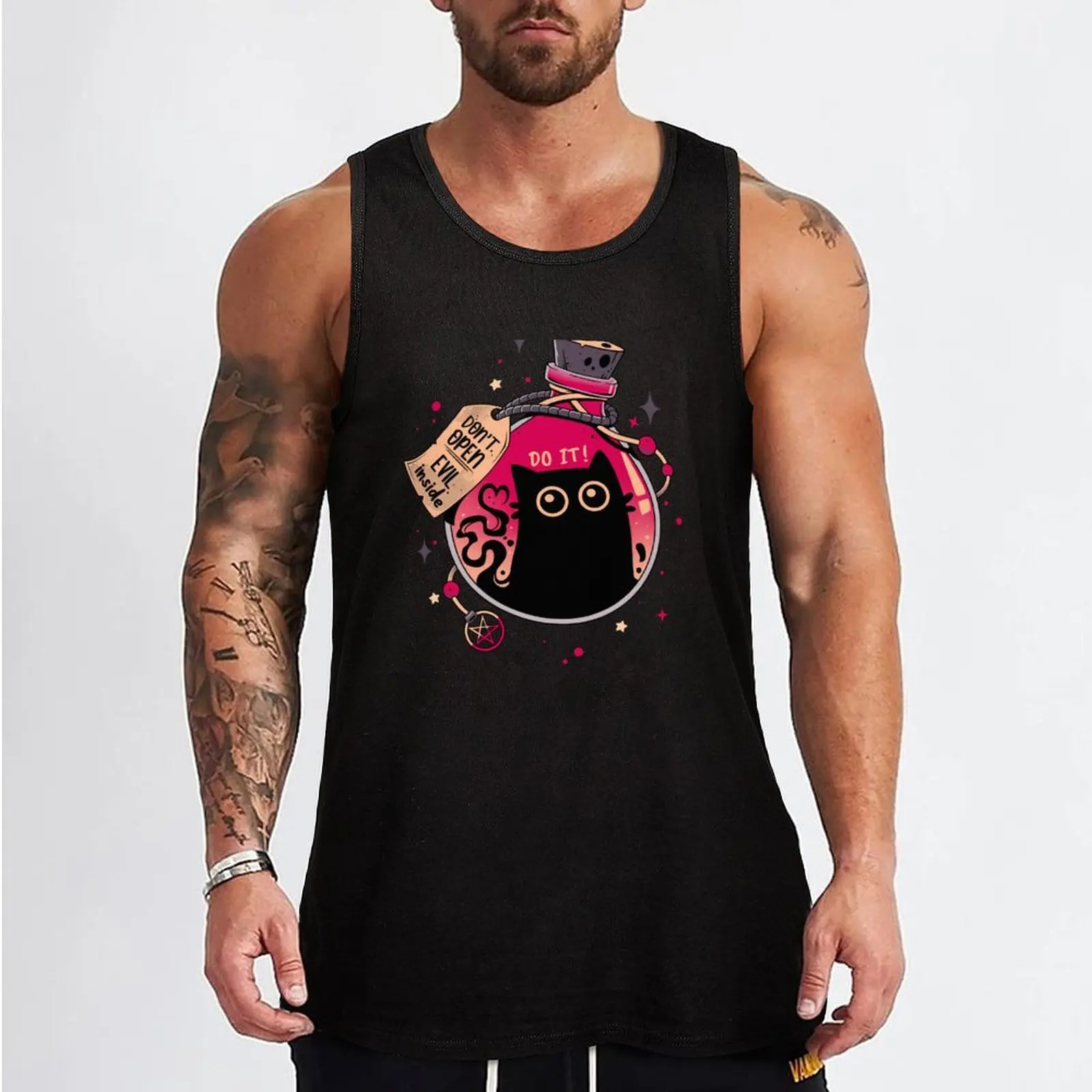 Camisola de alças engarrafada do gato preto masculino, roupa do Gym, tops e t-shirt, mal, novo