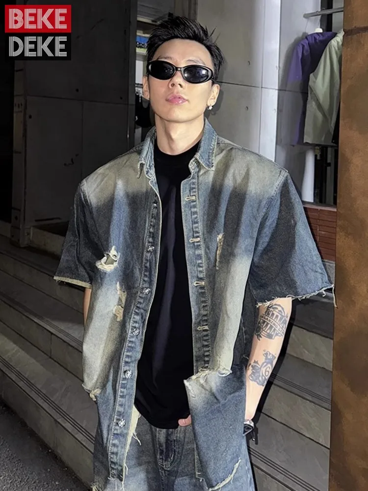 

Top Quality Chic Men Spring Summer Vintage Denim Shirts Ripped Style Short Sleeved Turndown Collar Loose Fit Personality Tops