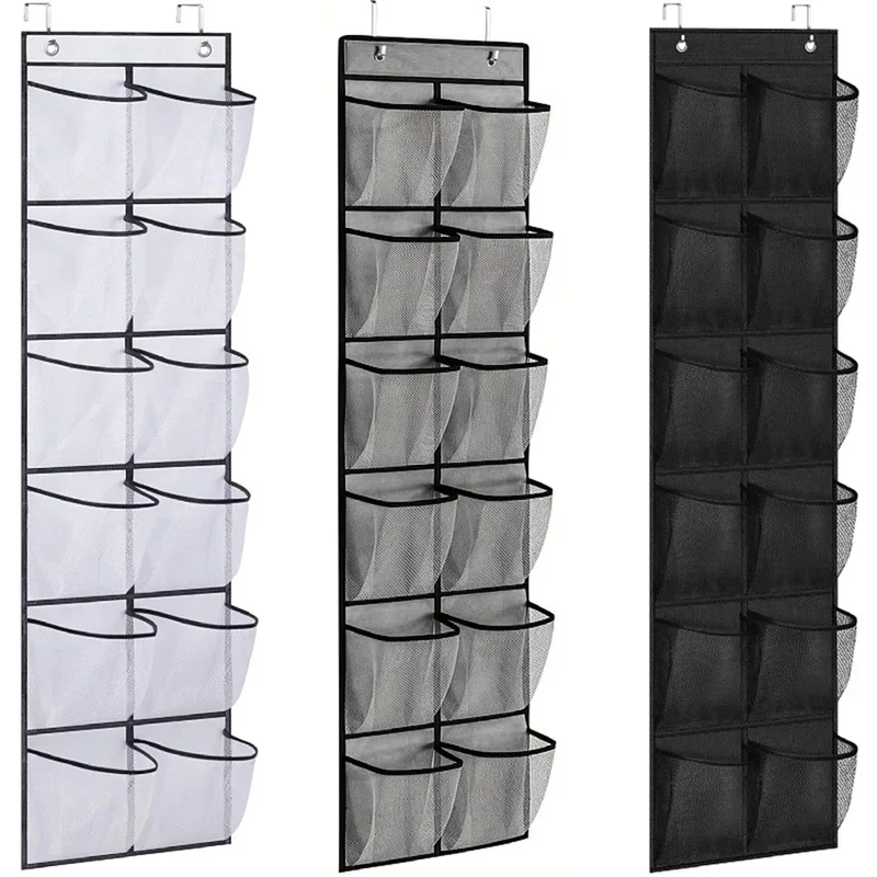 12 Pockets Over the Door Shoe Organizer Large Mesh Pockets With 2 Hooks Transparent Fabric Shoe Rack Storage Bag for Bedroom