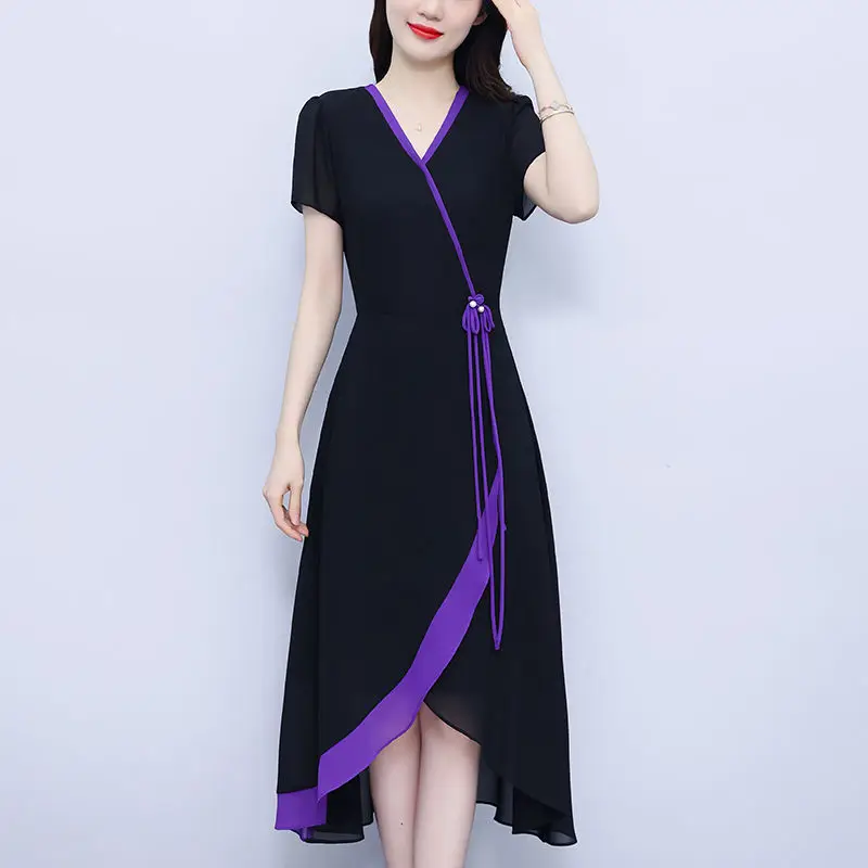 Large French Socialite Chiffon Knee Length Skirt for Women's Summer New Slimming and Fashionable Color Blocking Irregular Dress