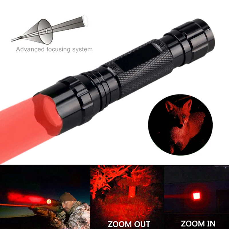 300 Yards Zoomable Red Flashlight Predator Professional Night Hunting Varmint Hog Torch Tactical 1-Mode Waterproof Lantern