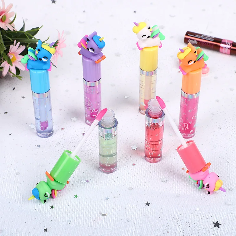 24pcs Kawaii Unicorn Lip Gloss Color Change Vitamin E Moisturizing Long Lasting Lip Oil Students Girls Lips Makeup Wholesale