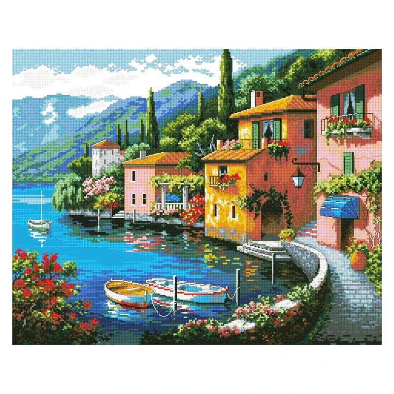 

Amishop Top Quality Beautiful Counted Cross Stitch Kit Lakeside Village Town Home City Boat Port Lake Mountain Dim 35285