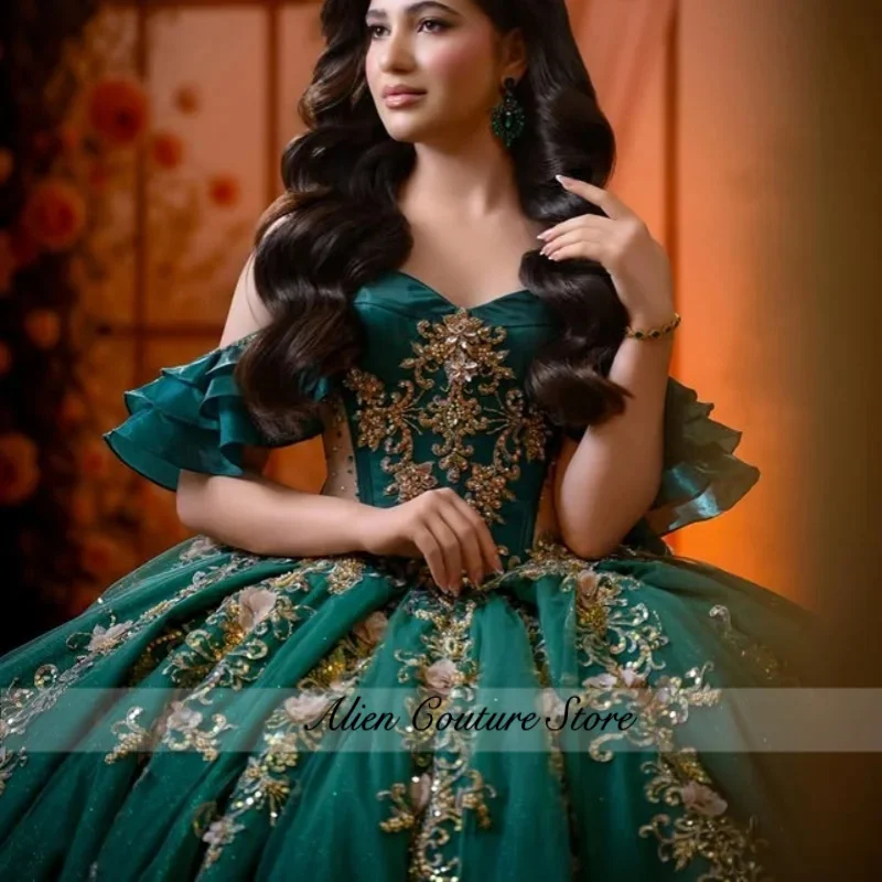 

Shiny Dark Green Dresses off-shoulder Crystal Golden Glitter Decal 3D Flower Long tail Bow Vestido De 15 Quinceanera Customize