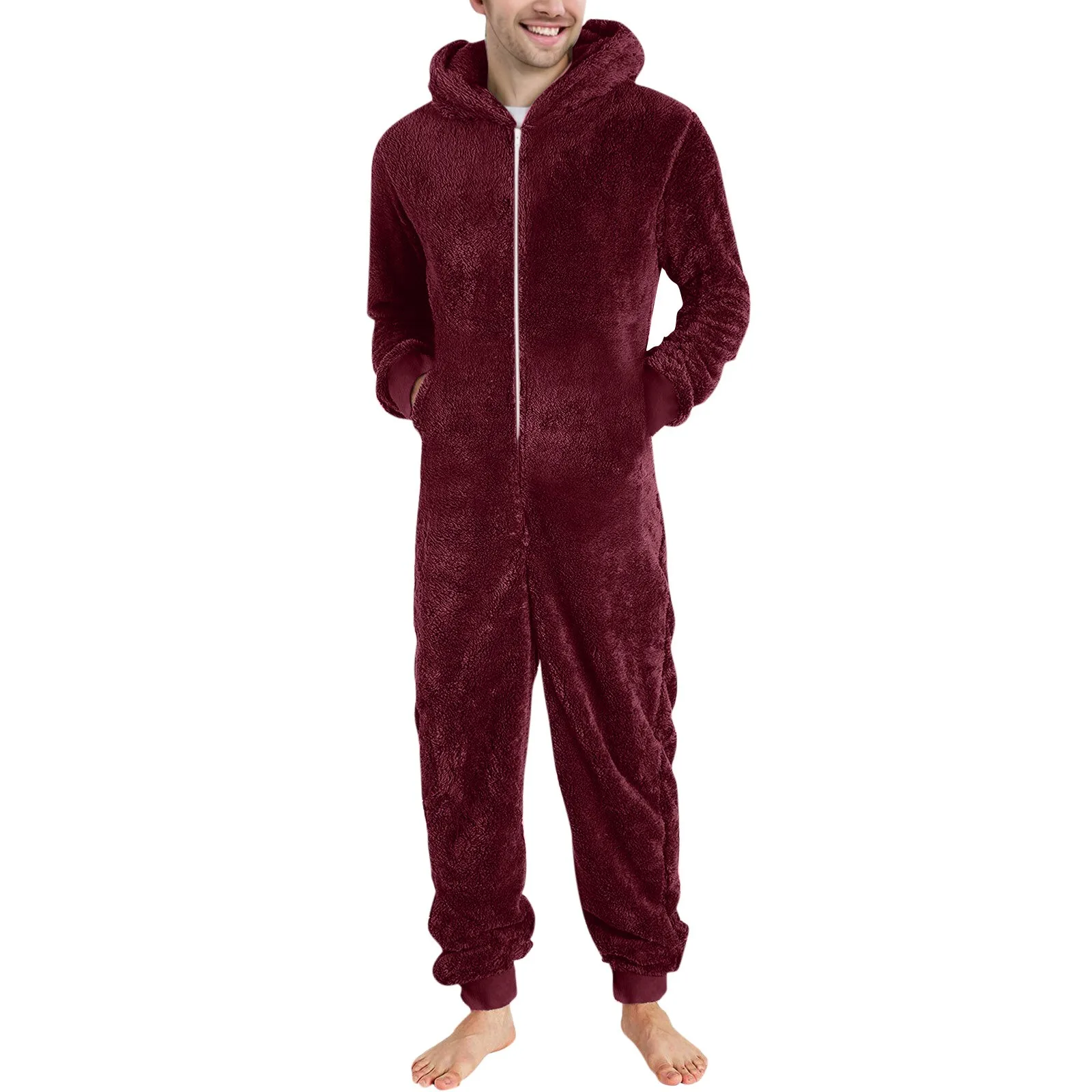 Men Plush Teddy Fleece Pajamas Winter Warm Hoodies Bodysuit Overalls Suits Sleepwear Daily Hooded Flannel Homewear Nightwear 5XL