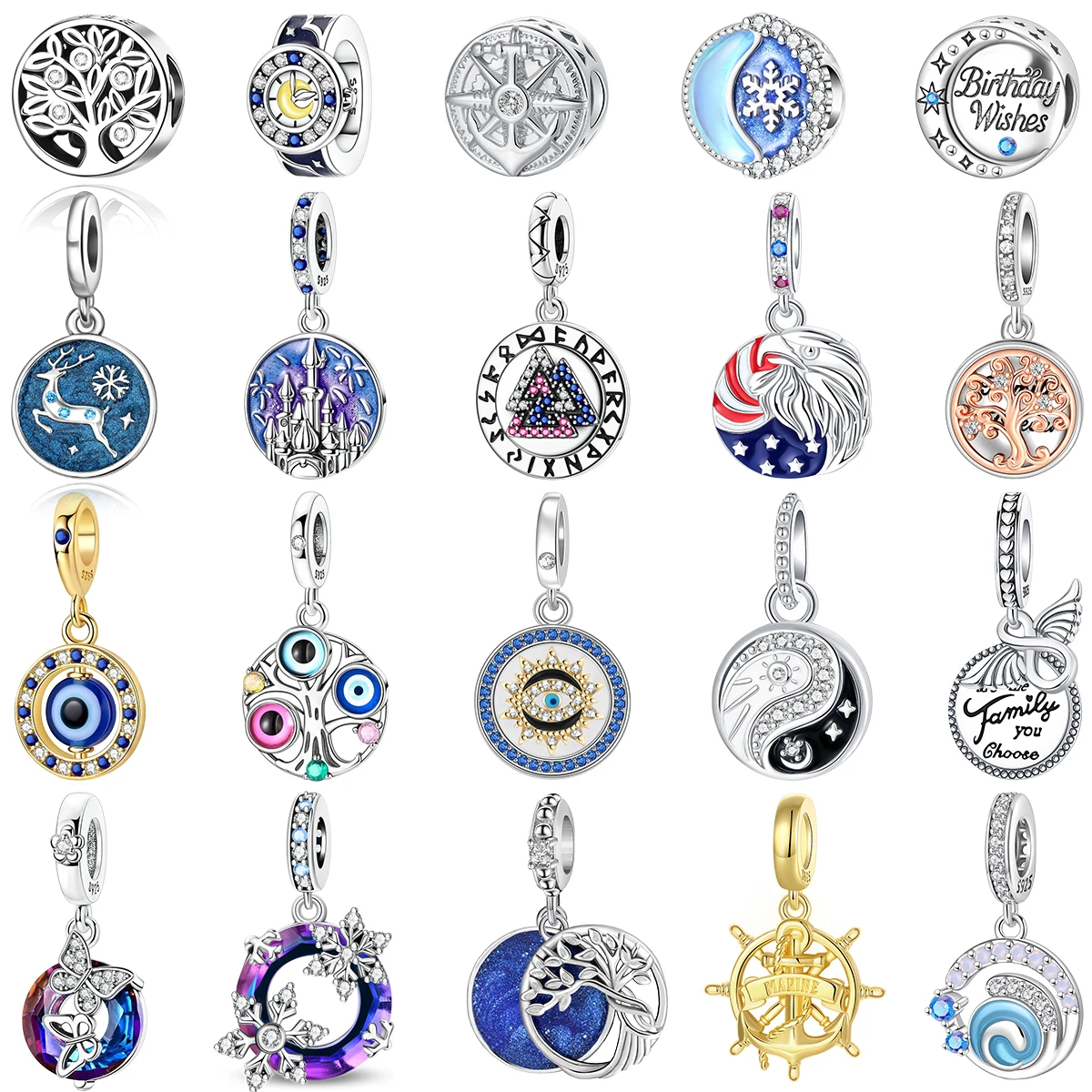 925 Sterling Silver Charm Bead Jewelry Pendant Coin Tree of Life Evil Eye Snowflake Castle Nautical Inlaid Gem DIY Bracelet Gift