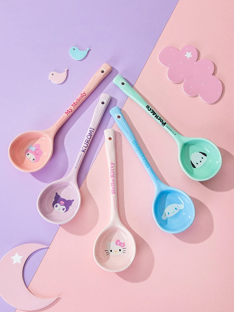 

Sanrio Children Tableware Hello Kitty Melody Kuromi Pochacco Kitty Ceramics Handle Tableware Feed Cinnamoroll Spoon Kids Gifts