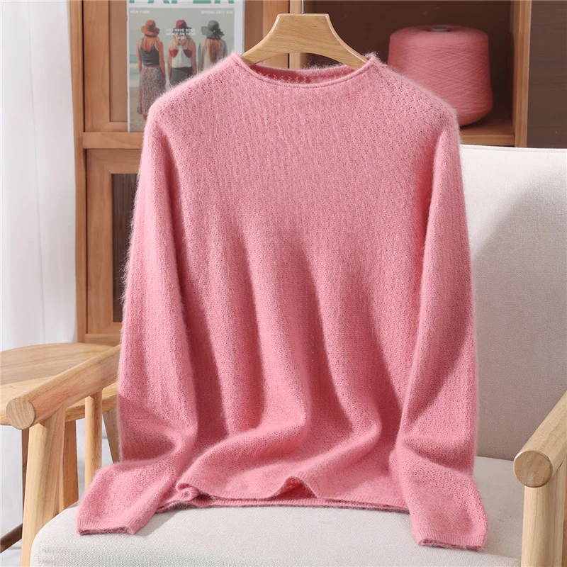 基本的な 100% ミンクカシミヤファッション O ネック無地セータープルオーバー長袖女性快適な優しいソフト服トップ