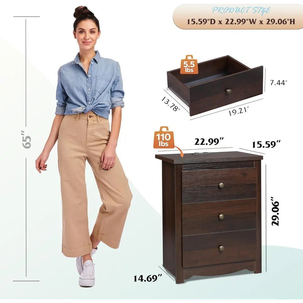 충전 스테이션이 있는 높은 침대 옆 탁자, 서랍 3개가 있는 나무 침대 옆 탁자, 침실용 침대 옆 탁자, 기숙사, USB 2개가 있는 작은 테이블