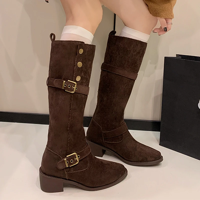 

Trend High Boots Women High Heels Shoes Designer Brand Fur Snow Boots 2025 Winter Chunky Shoes Suede Pumps Buckle Chelsea Botas