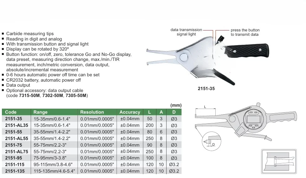 2151-AL55 Digital Inner Dials Caliper Measurement Range 35-55mm/1.4-2 Resolution 0.01 mm