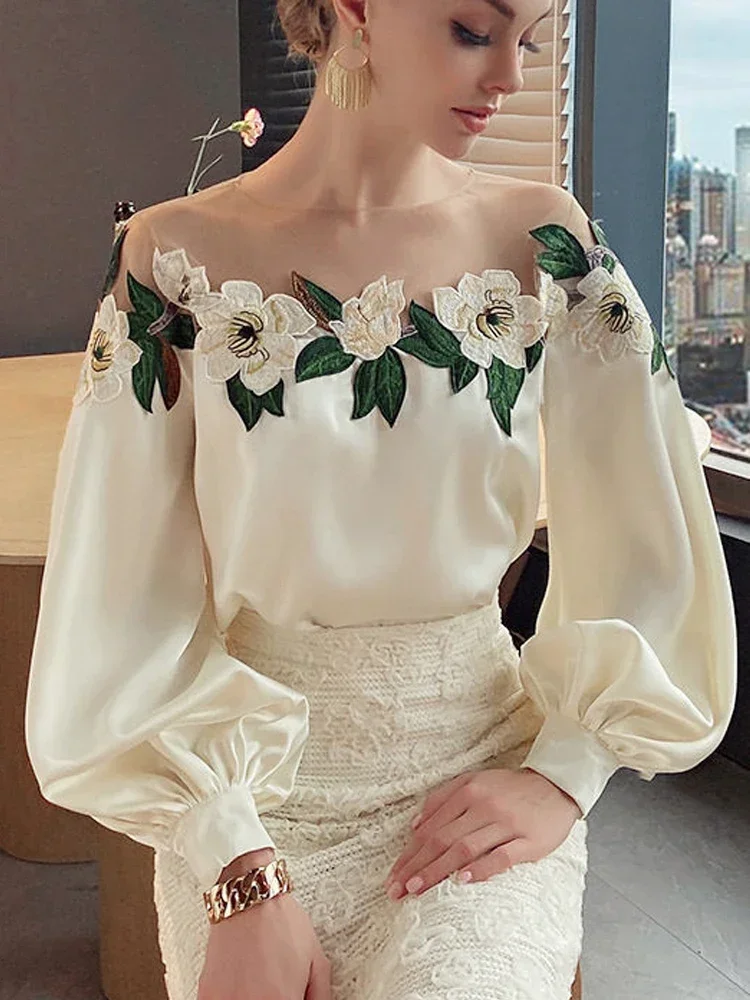 Elegant Embroidered Flower Woman Blouse Mesh Patchwork Spring Satin Shirt Lady O-neck Tops Long Sleeve Women's Clothes 24976