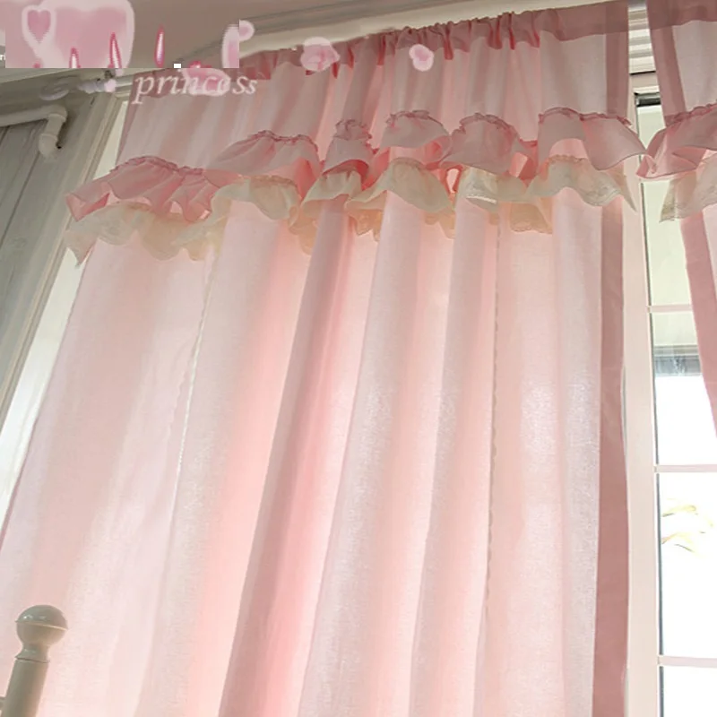 2 pcs 100% Cotton Romantic Princess Curtains for Girl\'s Bedroom Sweet Pink Cortinas with Valance Bowties Pastoral Ruffles Drapes
