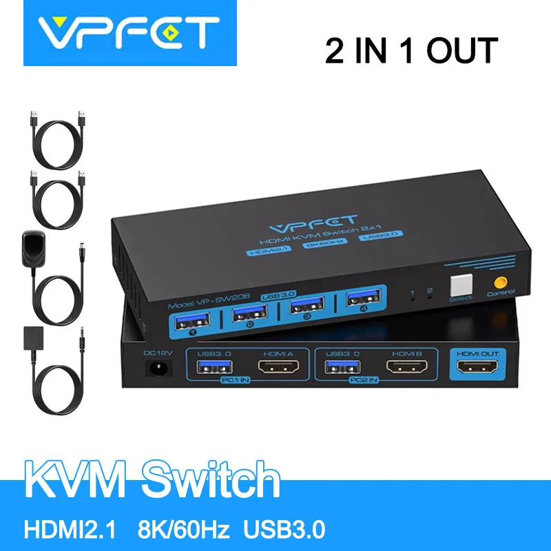 

KVM Switch HDMI2.1 Cable 8K/60Hz Resolution 2 Computers 1 Monitor KVM Switch Supports DP 1.4 USB3.0 Device Audio Devices Vpfet