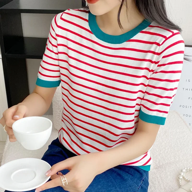 

Short Sleeve T-shirts Women Striped Basic Chic Simple All-match Harajuku Retro Cotton O-neck Trendy Loose Leisure Cozy Womens