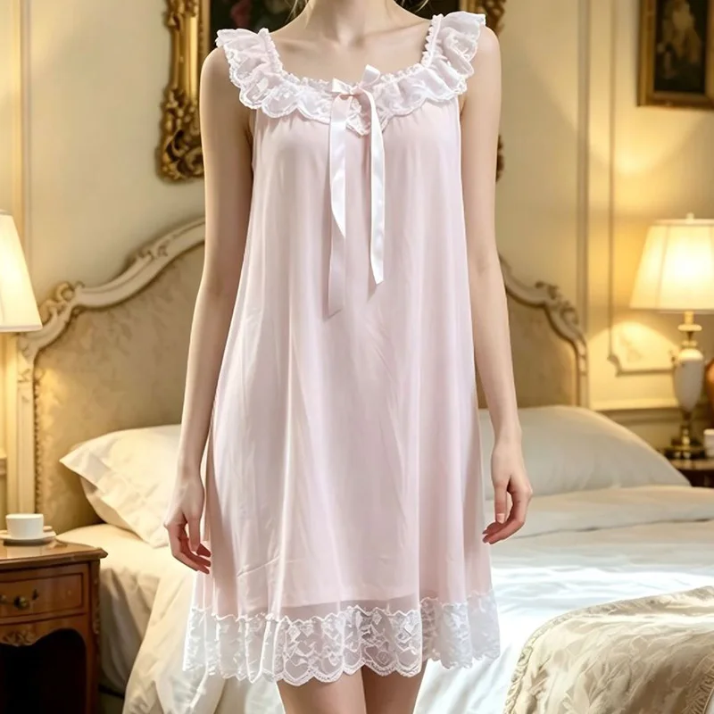 Robe de nuit pour femme sans manches à volants en maille modal col en V, style princesse vintage français en dentelle, pour l'été, vêtement de nuit et d'intérieur
