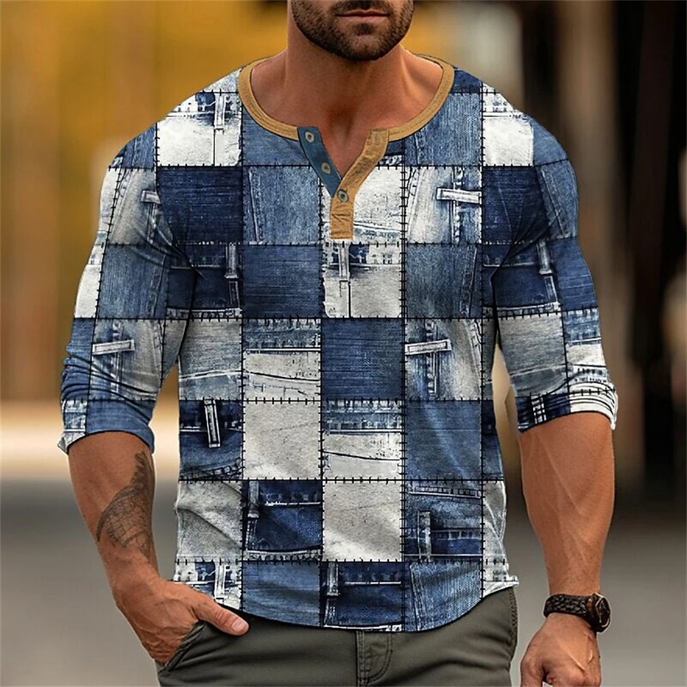 

Autumn Color Block Patchwork 3D Print Henley Shirts Men's Fashion Vintage Button-Down Long Sleeve T Shirt Man Tees Tops Clothing