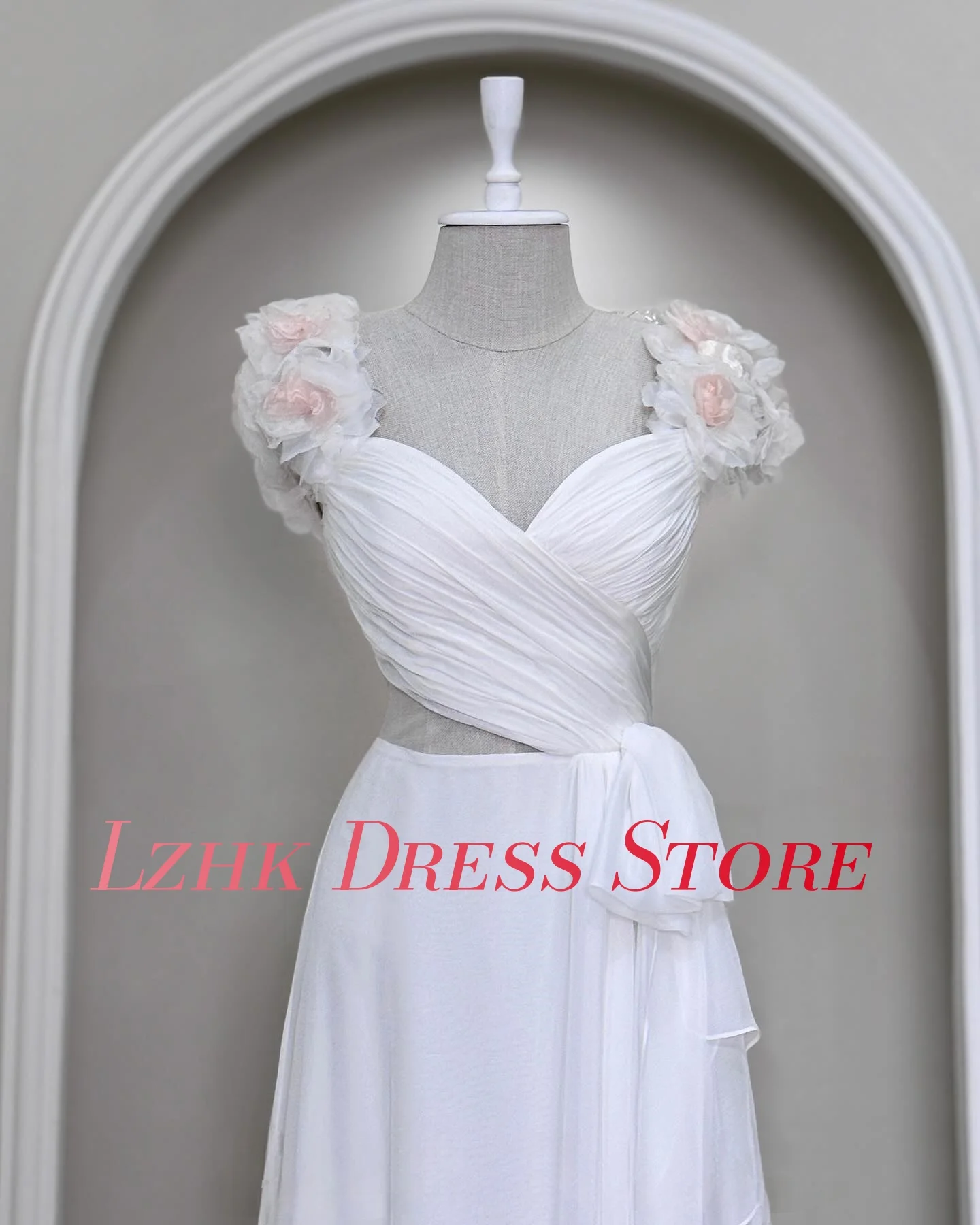 تخصيص رائعة الشيفون ألف خط 3D الزهور مساء اللباس جودة عالية أكمام الحبيب الطابق طول فساتين المشاهير