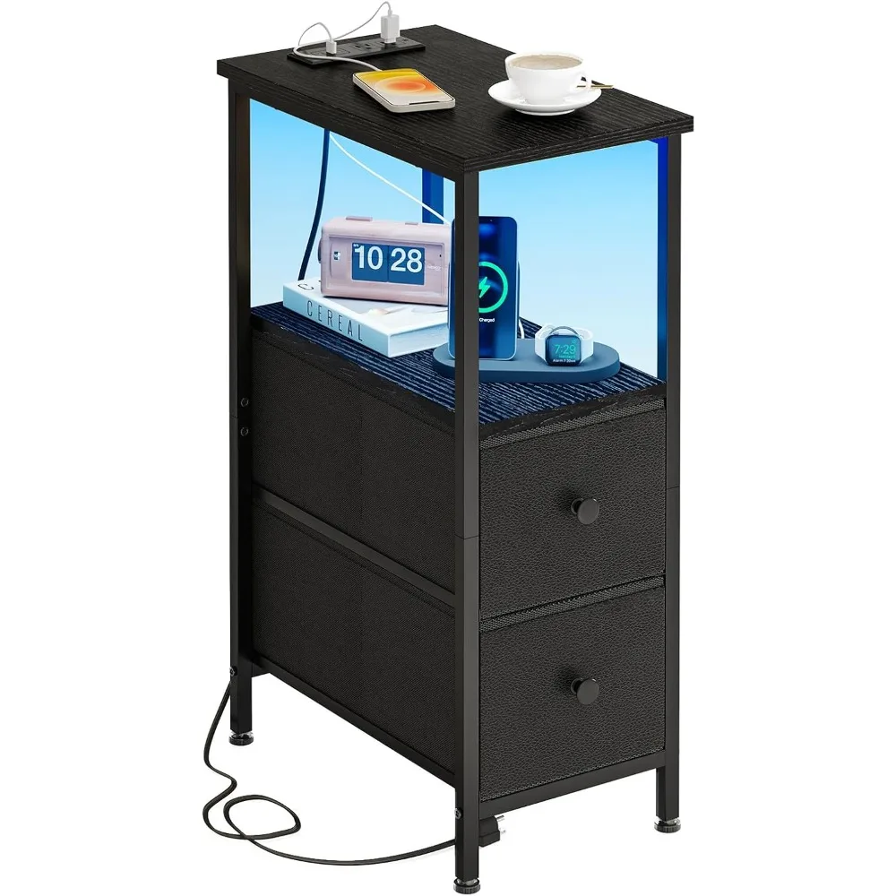 

Narrow Side Table with Charging Station and LED Light, Skinny Nightstand with 2 Fabric Drawers, Slim End Table for Bedroom, Dor