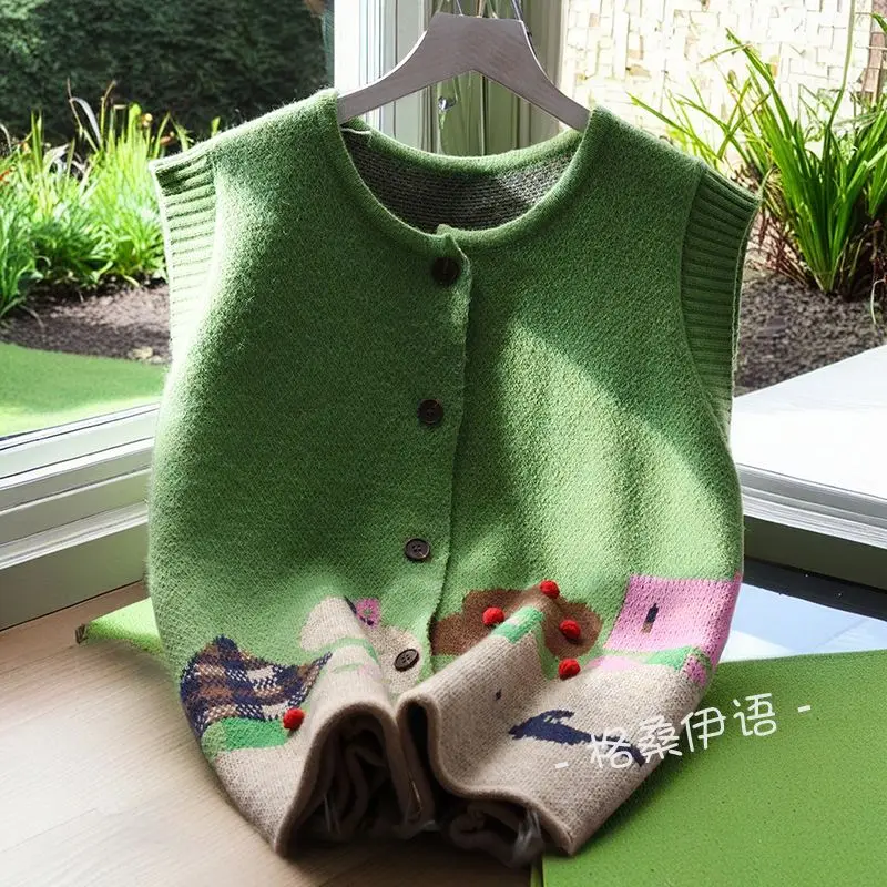 Korejepo Green and Stylish Knitted Vest for Women Loose Lazy Style Early Autumn New Versatile Slimming Niche Sweater Cardigan