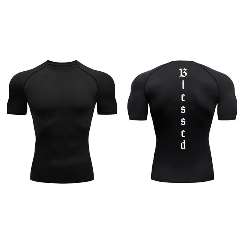 Letter Print Short Sleeve Compression Shirts for Men Athletic Quick Dry Tees Tshirt Christian Gym Workout Running Undershirts