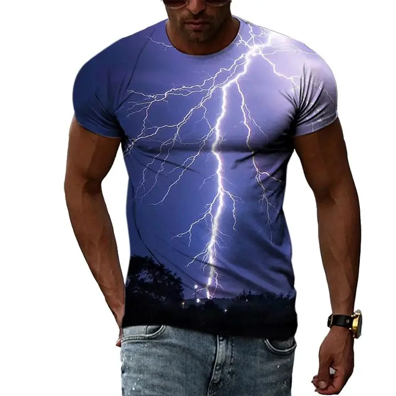 Summer Men Street Personality Cool Lightning Pattern Casual Everything Loose O Collar Short-Sleeved 3d Printed Plus-Size Top