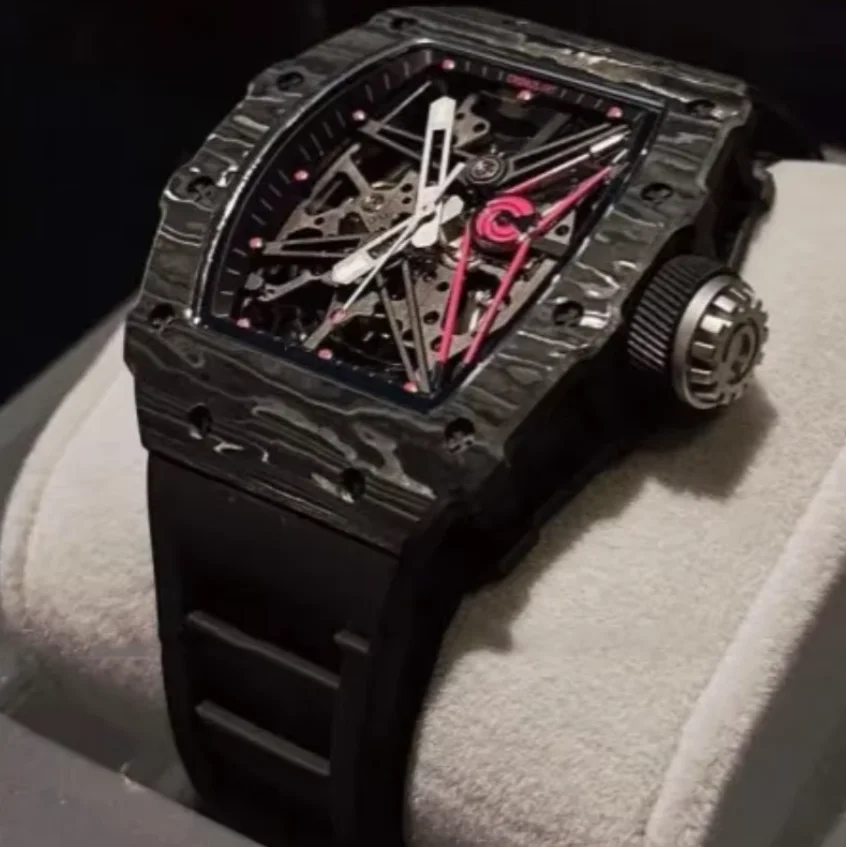 

CRONUSART Men Automatic Watch 50MM Tonneau Mechanical Wristwatch Carbon Fibre Fluororubber Strap Luminous Skeleton Dial