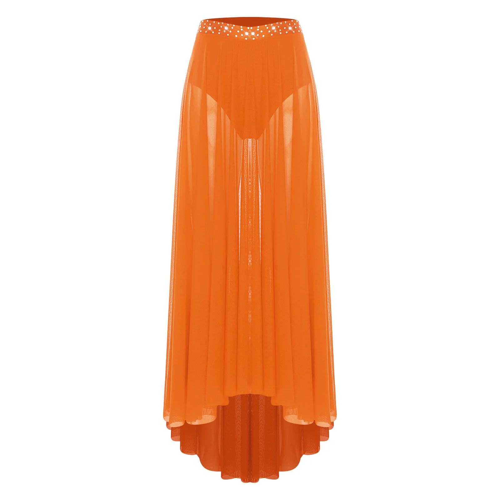 Stylish Womens Modern Lyrical Dance Performance Costume Rhinestone High-Low Mesh Hem Big Swing Long Skirt Ice Skating Dancewear