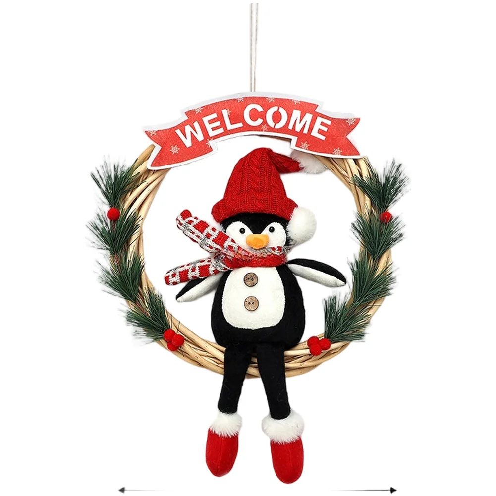 

Snow Season Door Wreath with Penguin Design Circular Rattan Hoop and Soft Cloth Material Welcome Message for Holiday