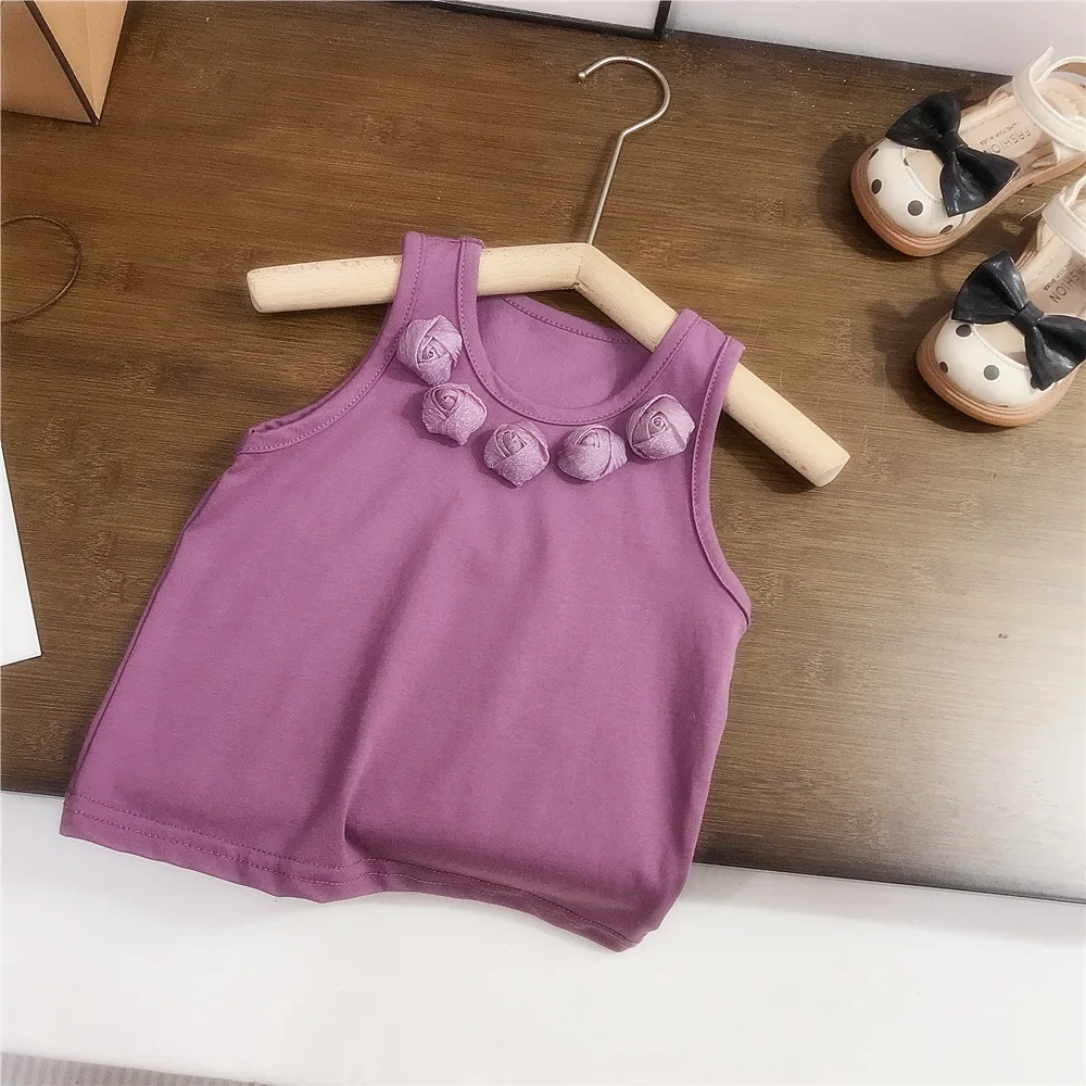 Girls' Summer Three-dimensional Flower Vest Thin Purple Sleeveless Base Shirt Korean Version Children's Ripped Jeans