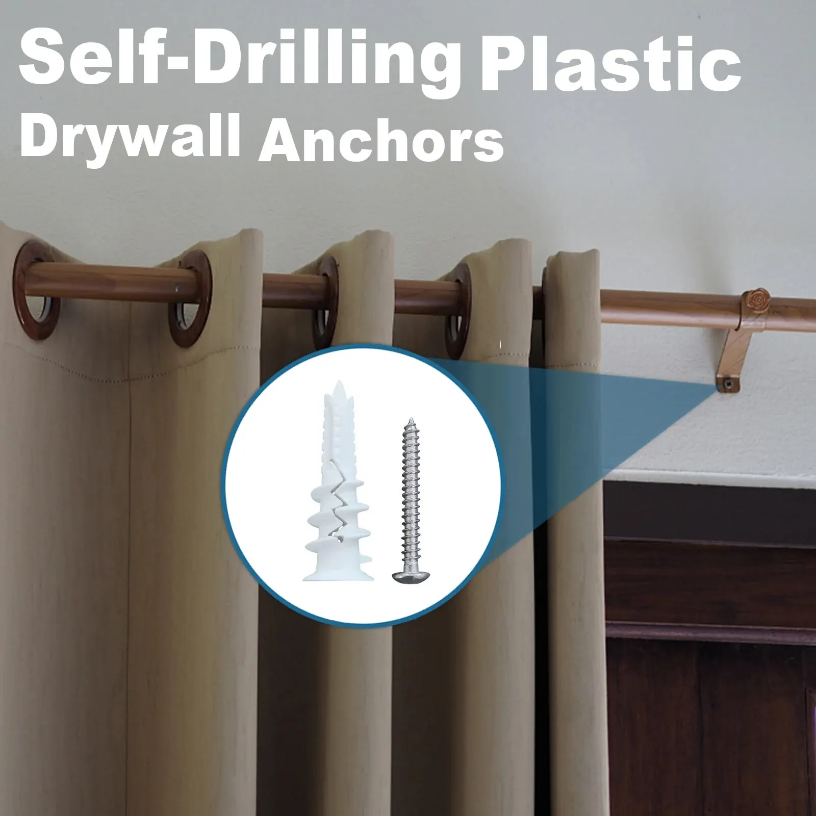 ネジ付きセルフドリル乾式壁プラスチックアンカー、事前穴あけ不要、壁取り付けネジ、 #8、50個
