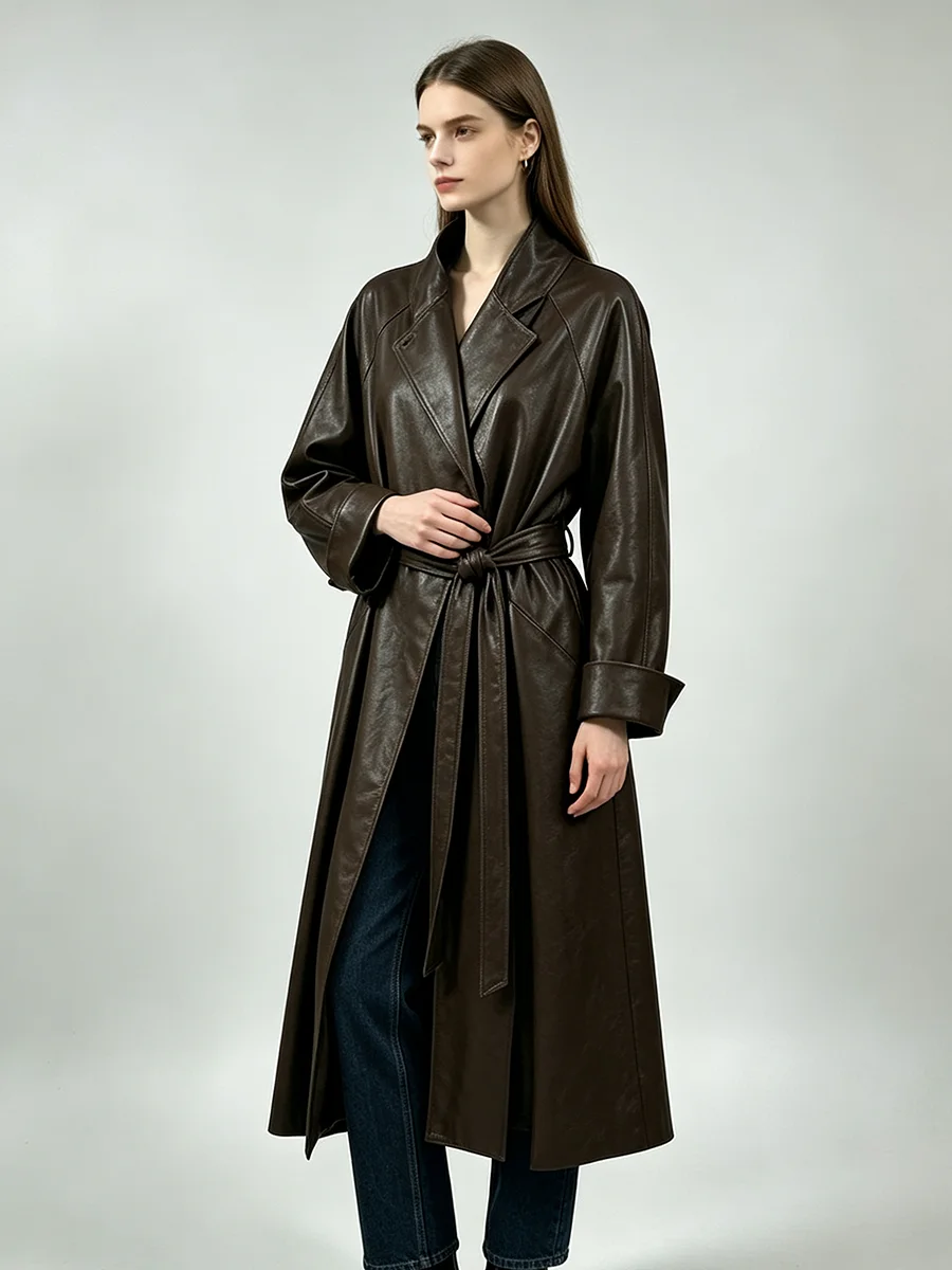 PUAL Women Faux Leather Long Trench Coat Stand Collar Belted Waist Lapel Overcoat Vintage Fit Autumn Winter Outerwear