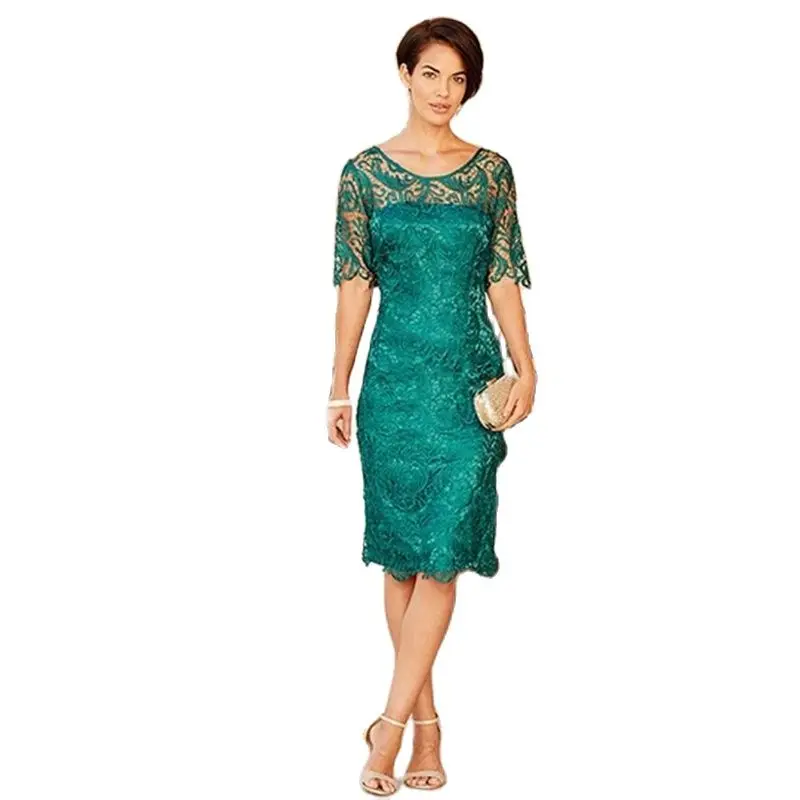 Elegant Latest Dark Green Knee Length Lace Mother of the Bride Dresses Jewel Neck Half Sleeve Wedding Party Gowns Short 2021