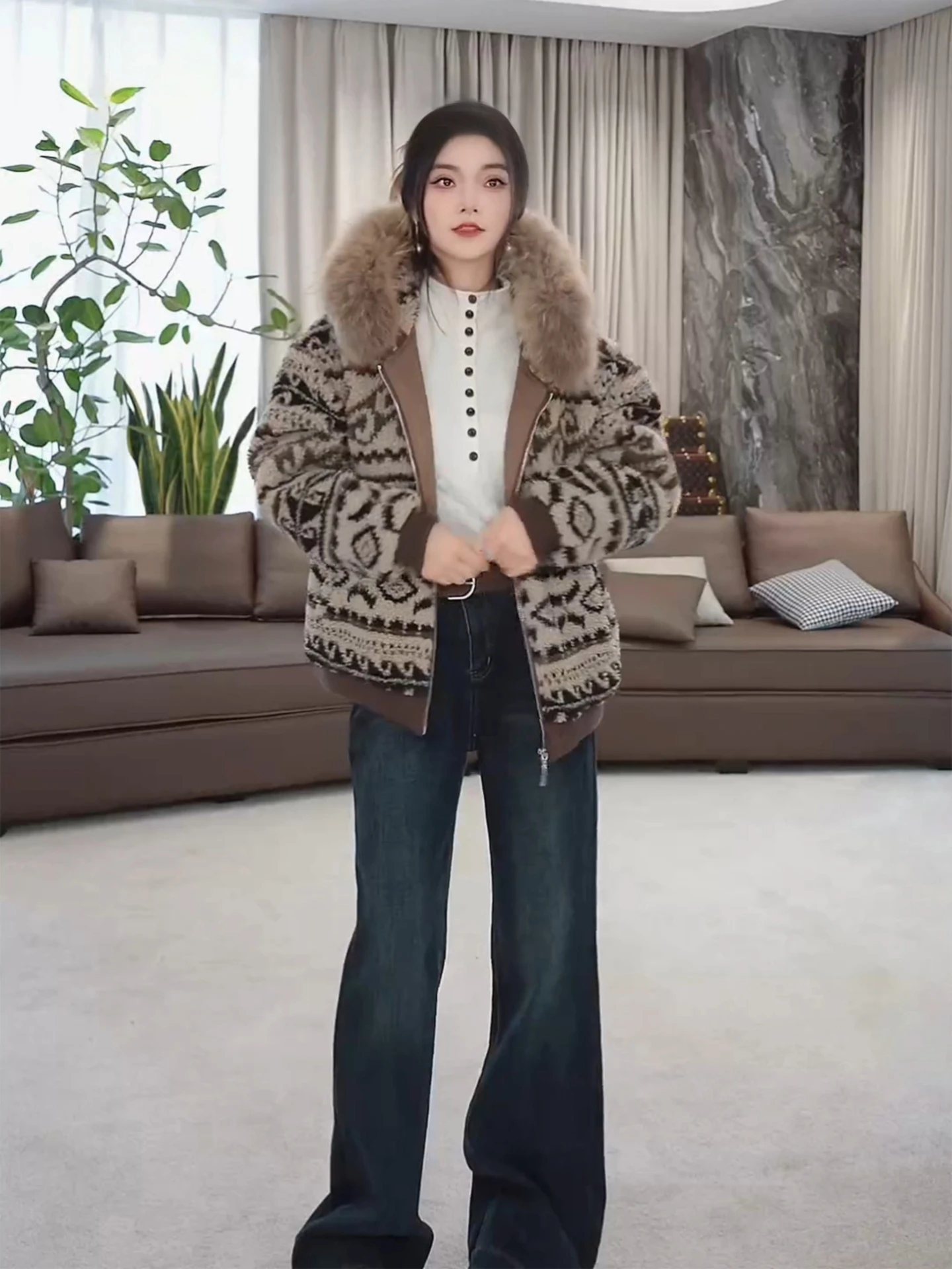 

Модная осенне-зимняя женская куртка на молнии с большим меховым воротником и капюшоном из плюшевого вельвета, серия L.A.ela Quay Island