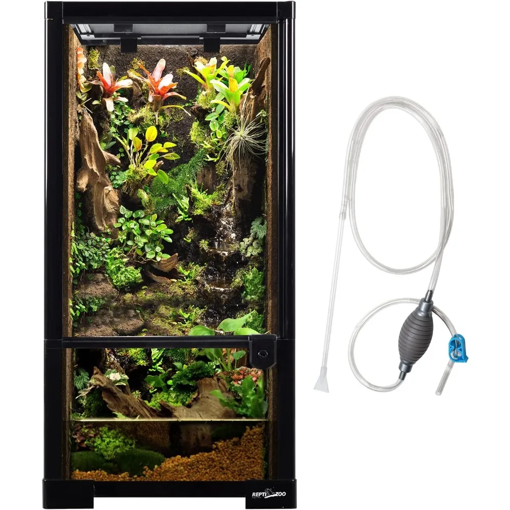 15 Gallon Full Glass Reptile Terrarium Glass Tank and Siphon Gravel Cleaner Set, Small Habitat for Reptile Chameleon