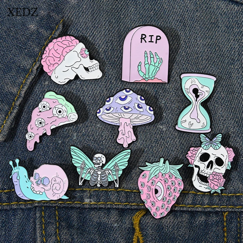 XEDZ Punk Intensive Eyes Enamel Brooches Custom Pink Skeleton Butterfly Pizza Hourglass Strawberry Brooch Gothic Lapel Badges