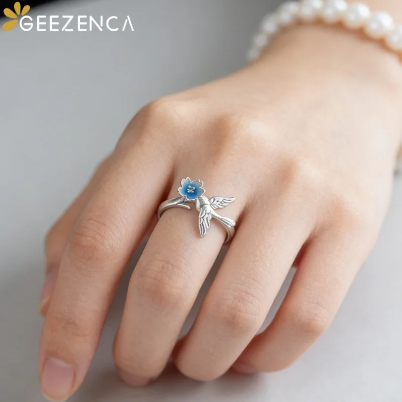 GEEZENCA 999 Fine Silver Colorful Enamel Flower Bird Statement Ring For Women Trendy Cute Dainty Lightweight Open Rings Her Gift