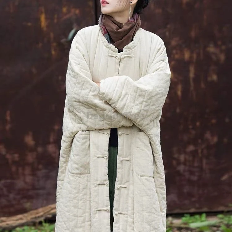 2025 fashionable versatile high end temperament cotton linen coat chinese zen vintage robe coat thicken warm winter windbreaker
