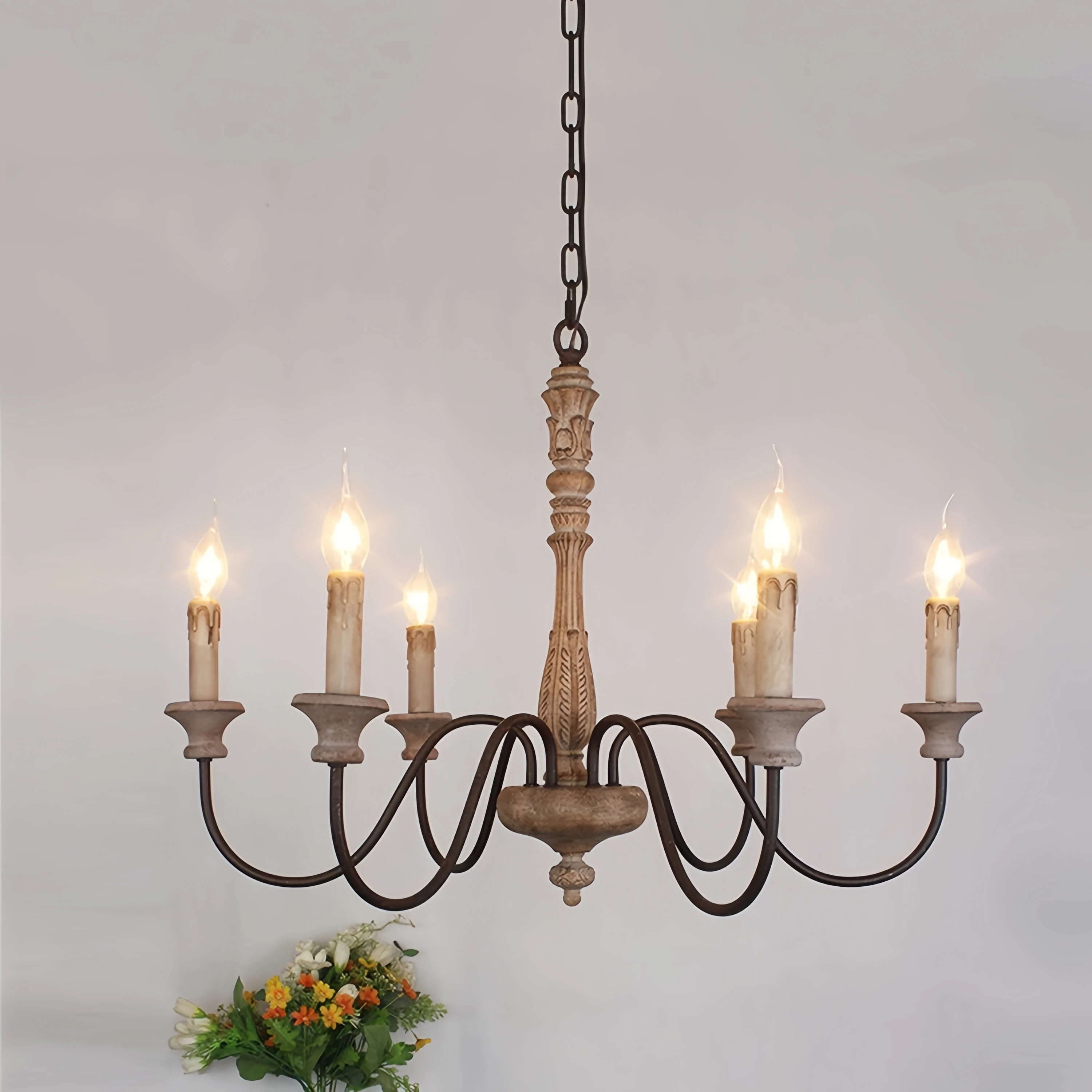 French Country Chandelier Distressed Wood & Iron Rustic Farmhouse Pendant Light For Kitchen Island Dining Room