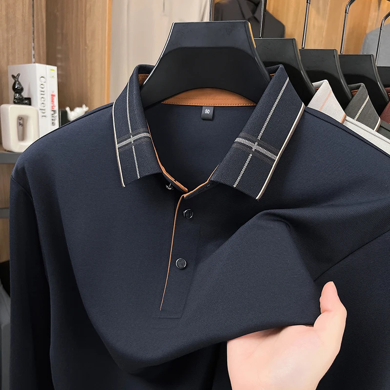 Light Luxury Men Long sleeve polo shirt trend unique stripe lapel spring autumn silky smooth breathable comfort no trace T-shirt