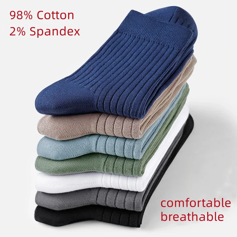 4 Pairs Men Crew Socks 98% Combed Cotton Middle Tube Black Blue White Soft Breathable Four Seasons Business Casual Sock for Man