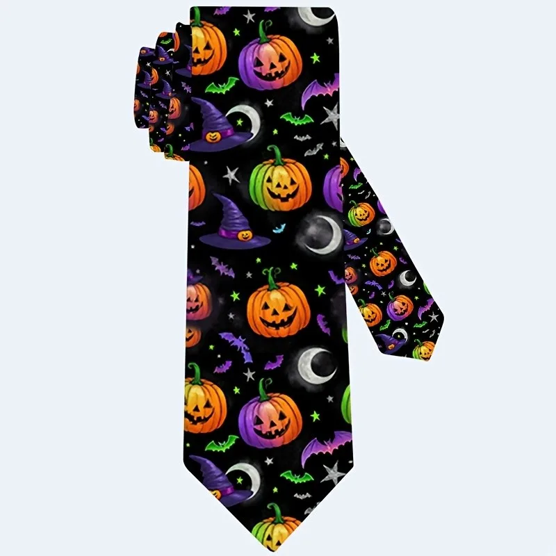 1pc Men's Halloween Necktie Black Green Jack-O'-Lantern, Bat Spider Web Print Soft abric Machine Washable