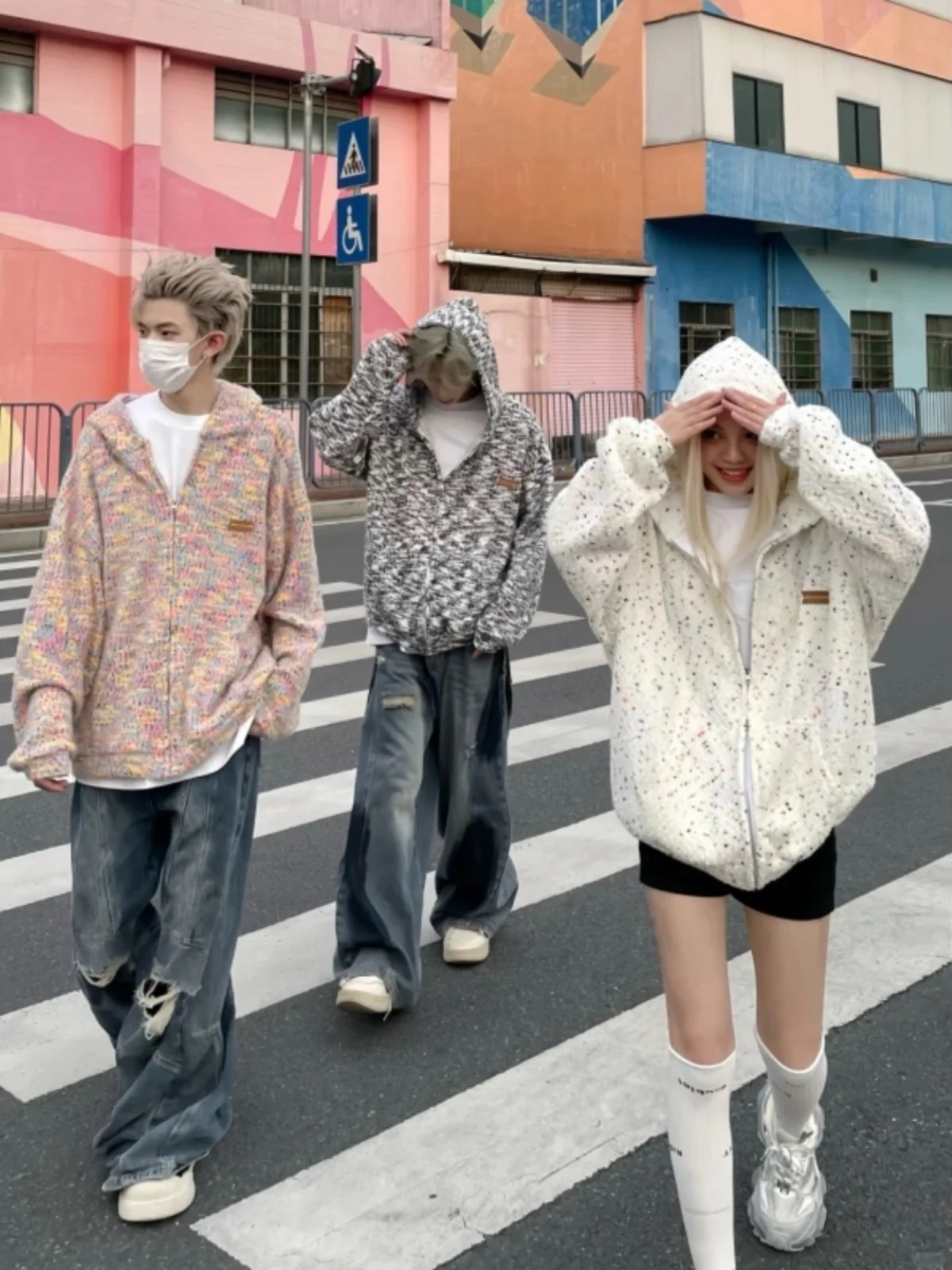 

American Sle Ice Cr Spotted Hoodie Men's Autumn Winter Loose Fit fiti Dyed Knitted Sweater Zipper Cardigan Jaet