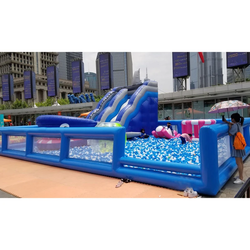 new style inflatable outdoor amusement center park giant swimming pool with long slide