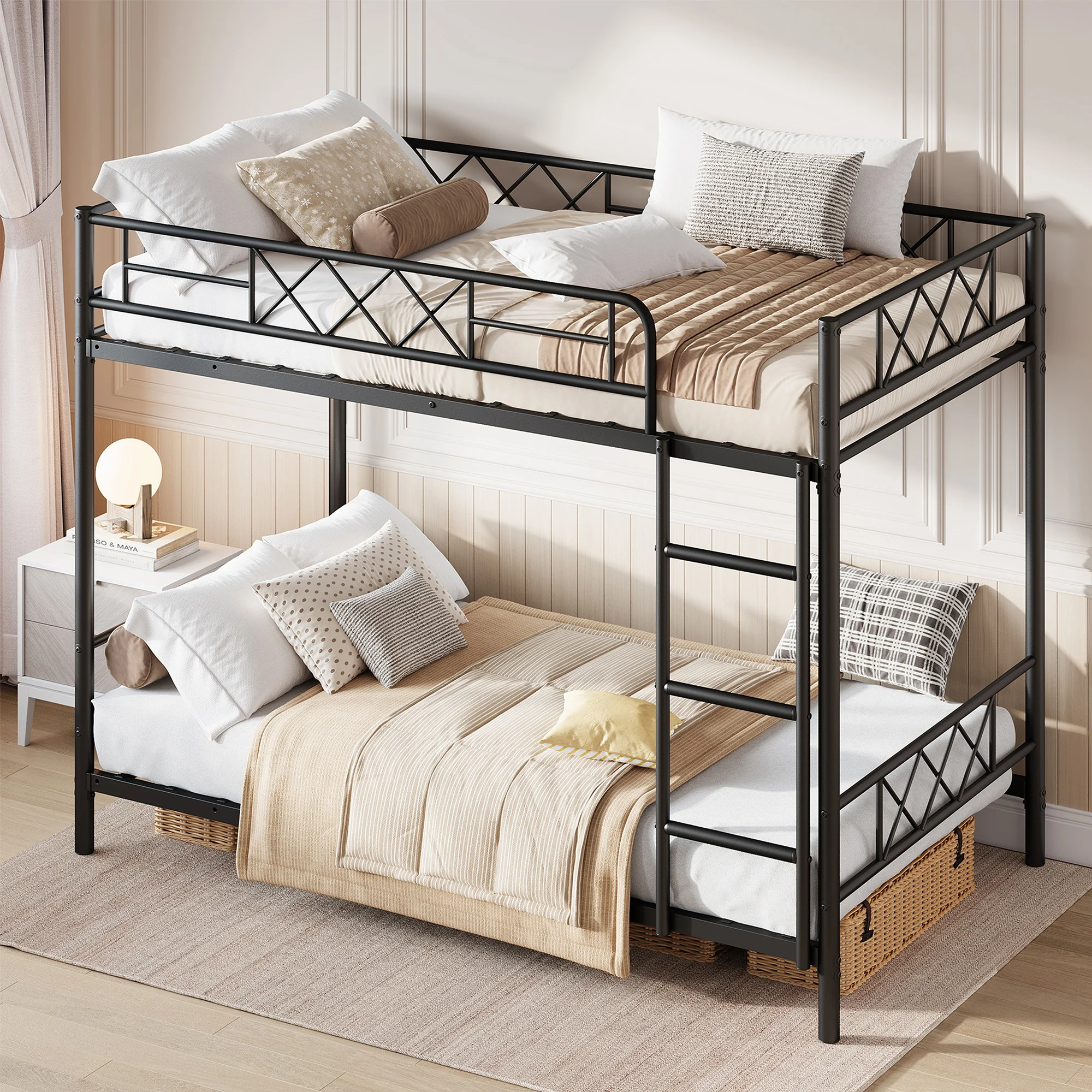 GarveeLife Twin Over Twin / Twin Over Full Bunk Bed Frame – Heavy Duty Metal Construction with Ladder or Stairs Option, High Safety Guardrails, Steel Slats, No Box Spring Needed, Space-Saving Design for Kids & Teens – White
