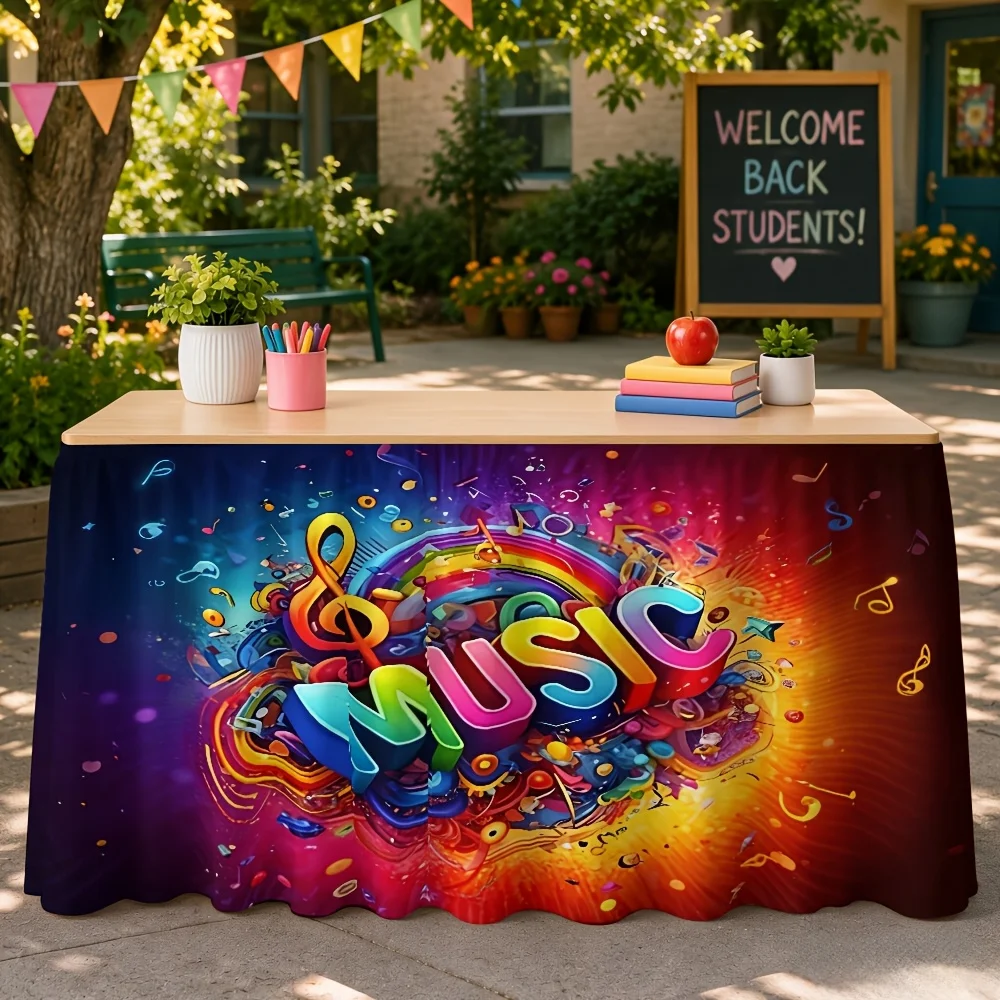 1 colorful music-themed printed tablecloth table skirt, suitable for indoor birthday pies as a celebration decoration